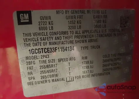 2015 Chevrolet Colorado Z71 из США, поврежденный, VIN 1GCGTCE33F1154134